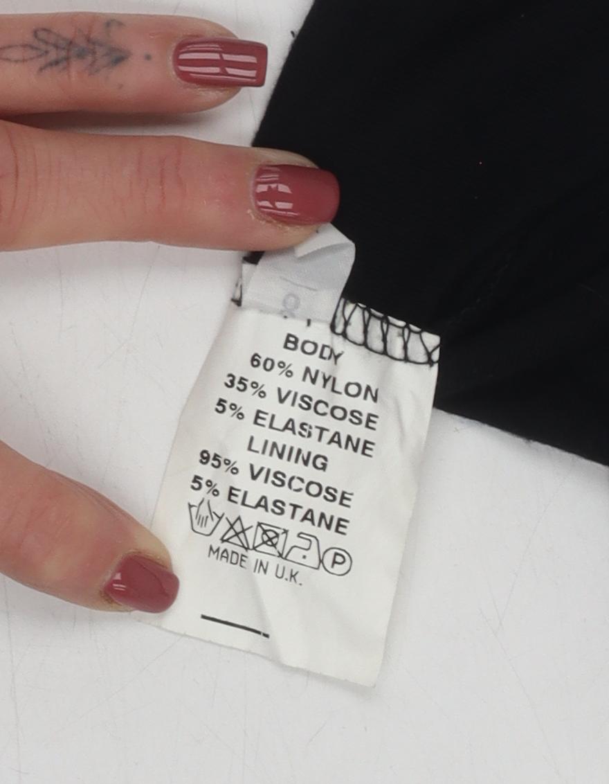 Brand and care label for ASOS Women's Black Sheath Dress, size 8