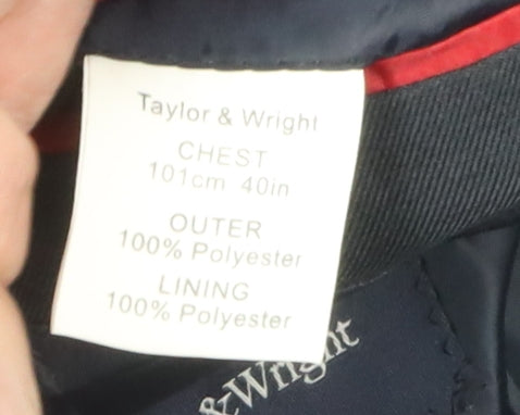 Brand and care label for Taylor & Wright Men's Black Blazer, 40R, Regular Fit