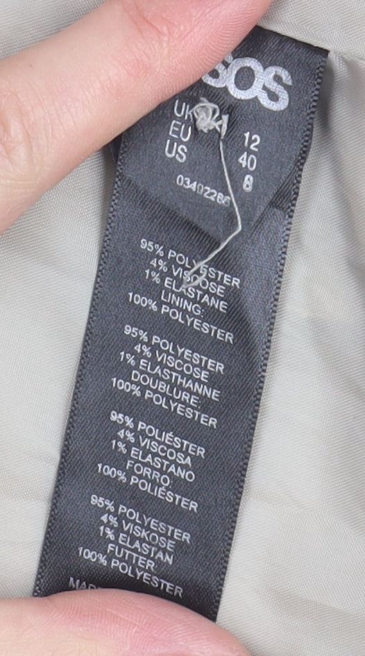 Brand and care label for ASOS Women's Beige Basic Jacket, size 12, Casual Coat