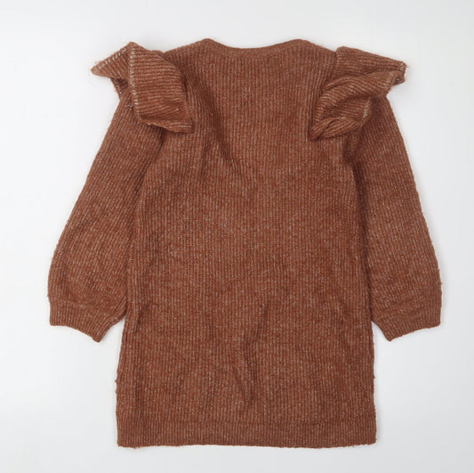 H&M Girls Brown Knit Dress with Puff Sleeves