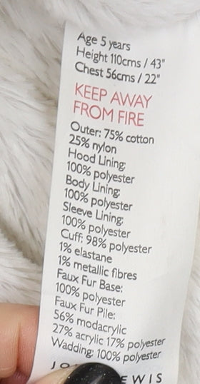 Brand and care label for John Lewis girls’ blue parka jacket 5 years
