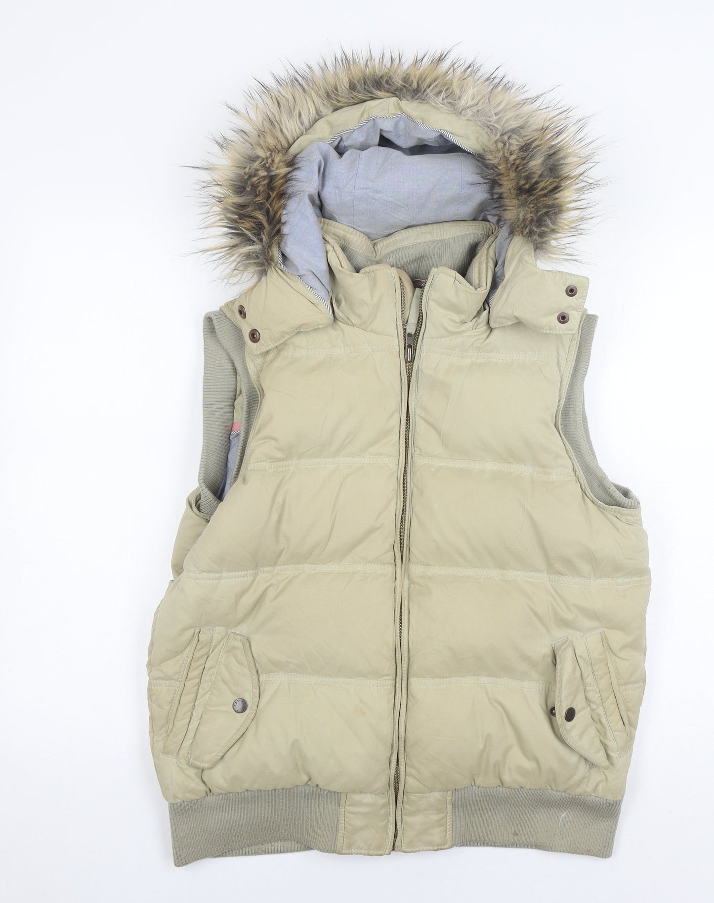 Fat Face Women's Beige Puffer Waistcoat with Hood, Size 16