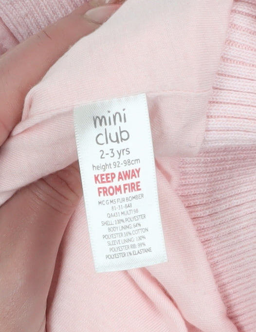 Brand and care label for Mini Club girls’ pink bomber jacket, size 2-3, years