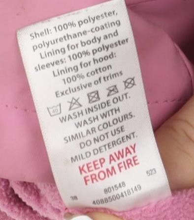 Brand and care label for Lilly & Dan girls’ pink basic jacket 3-4 years