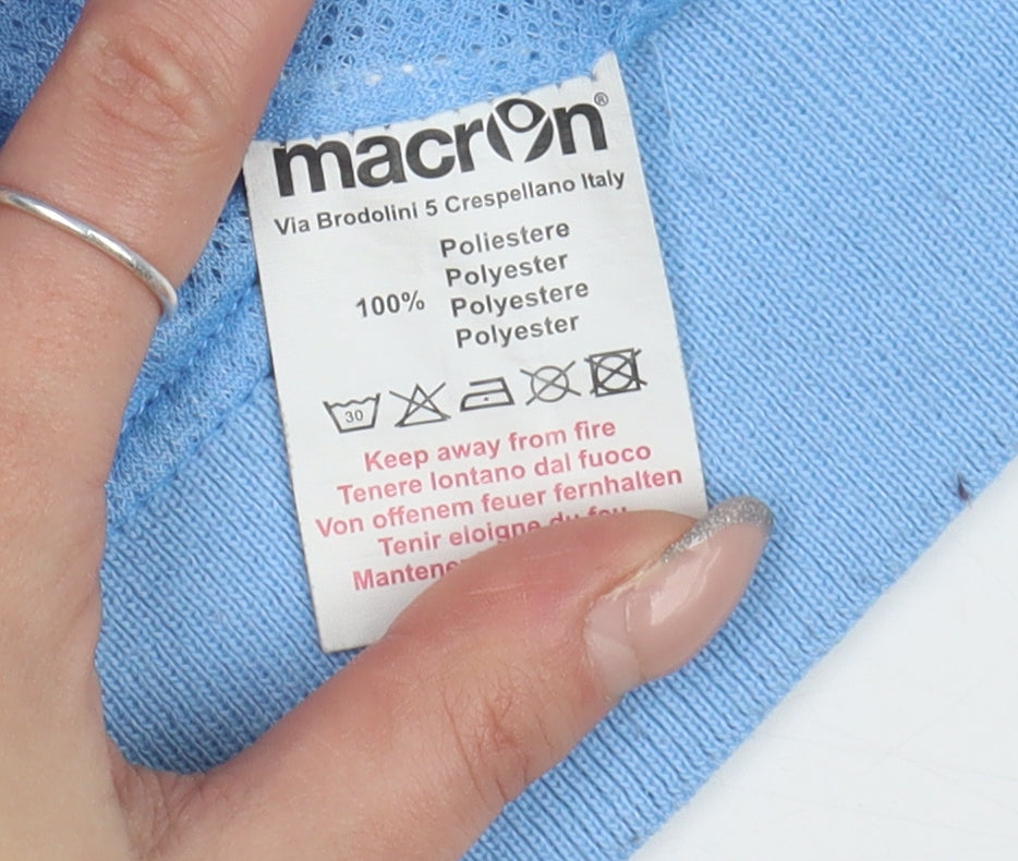 Brand and care label for Macron boys’ blue track jacket, size L, football style