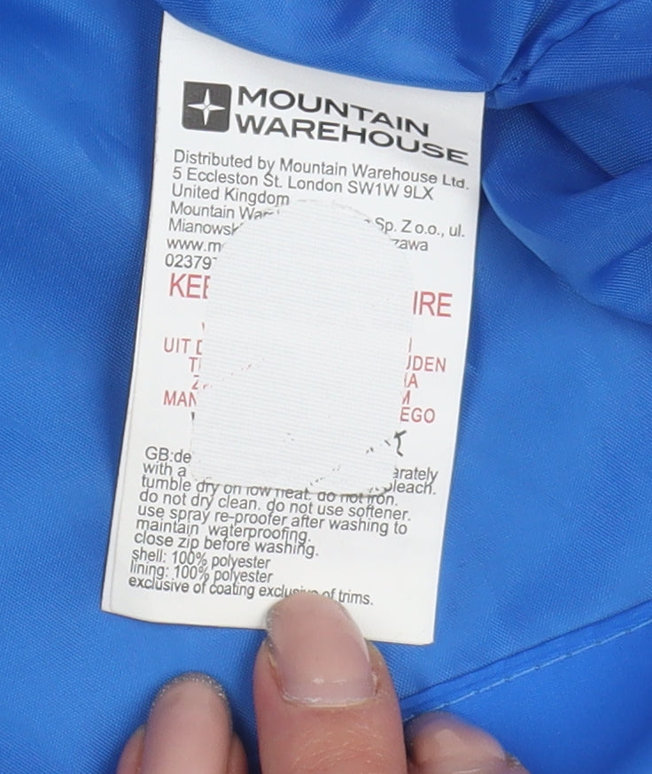 Brand and care label for Mountain Warehouse boys’ blue water resistant jacket 9-10 years