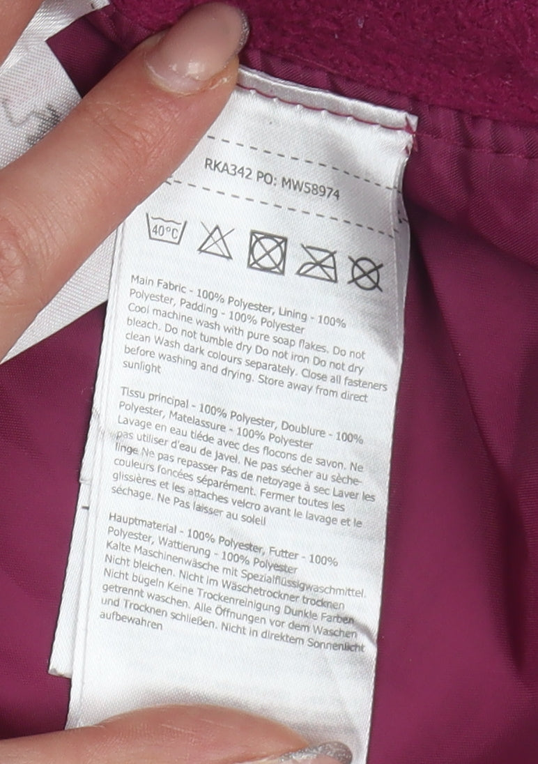 Brand and care label for Regatta girls’ purple puffer jacket, 11 years, polyester, zip