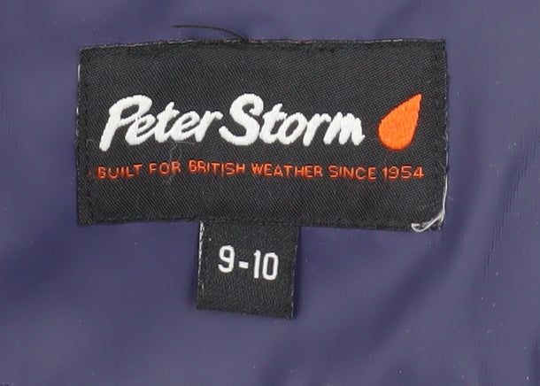 Brand and care label for Peter Storm girls’ blue waterproof hooded rain coat 9-10 years