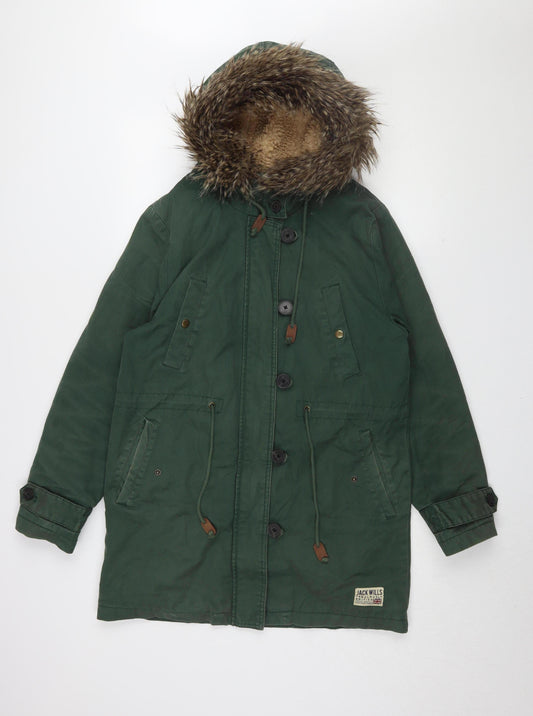 Jack Wills Women's Green Parka Size 12 Fur Trim Hooded