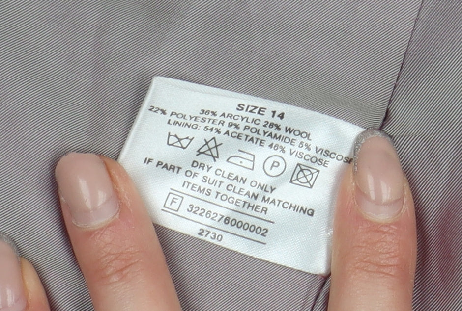 Brand and care label for Amaranto Women's Grey Check Blazer, size 14