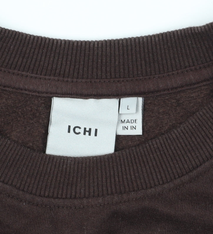 Brand and care label for ICHI Women's Brown Ruffle Pullover Sweatshirt, size L