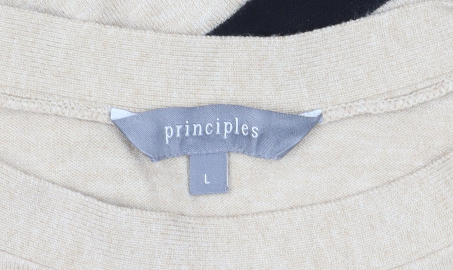 Brand and care label for Principles Women's Beige Black Stripe Jumper, size L