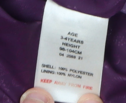 Brand and care label for Peter Storm girls’ purple rain coat 3-4 years hooded