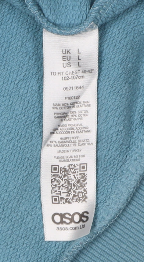 Close-up detail of ASOS Men's Blue Pullover Hoodie, size L