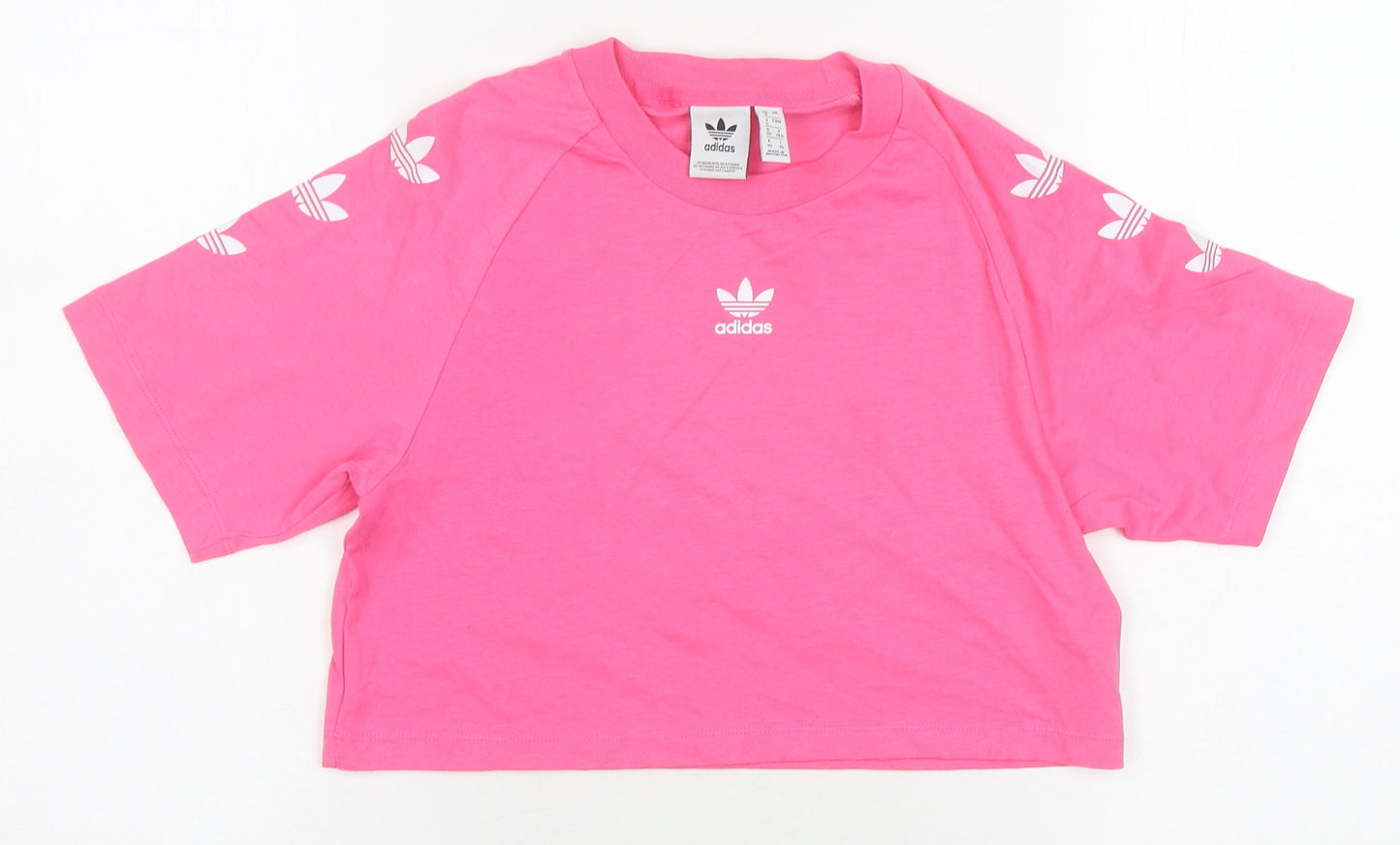 Adidas Women's Pink Cropped T-Shirt - Size 4, Crew Neck