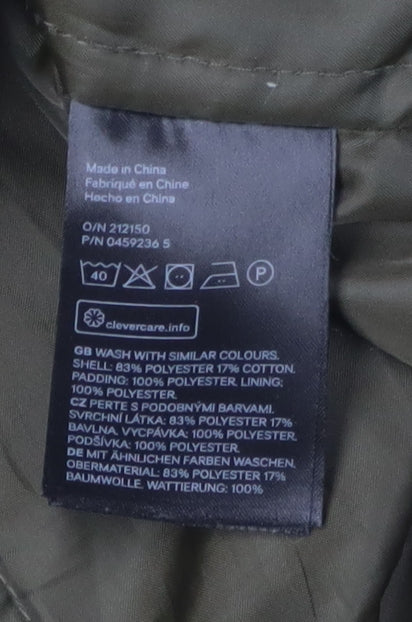 H&M Women's Green Parka Jacket with Hood and Zip, Size 8