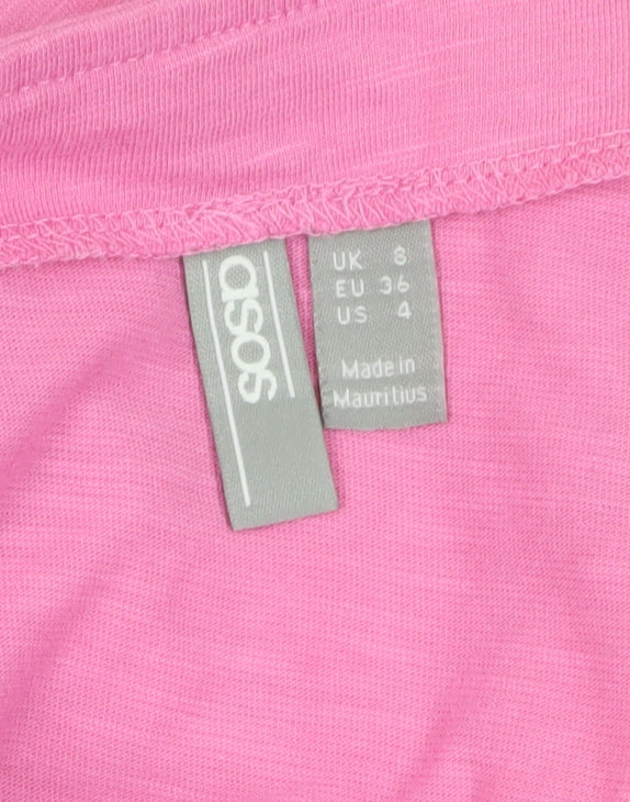Brand and care label for ASOS women’s pink a-line dress, size UK 8