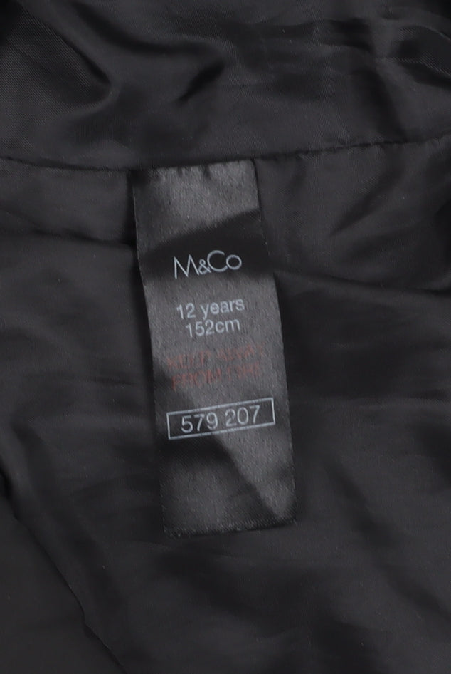 Brand and care label for M&Co girls’ black puffer jacket with faux fur hood -, size 12