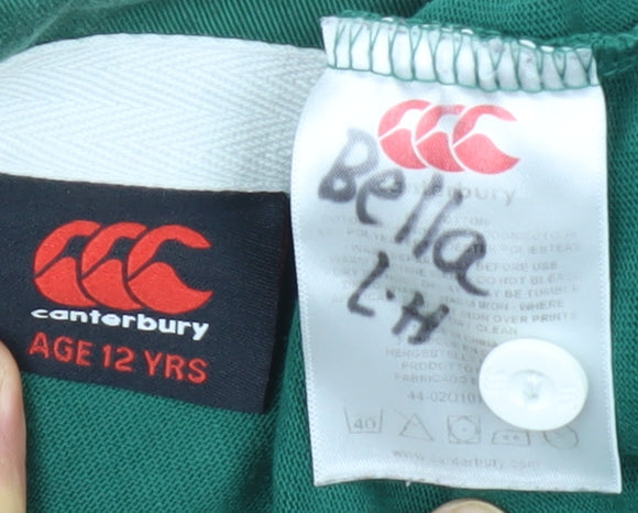 Close-up detail of Canterbury boys’ green rugby polo shirt, 12 years, long sleeve