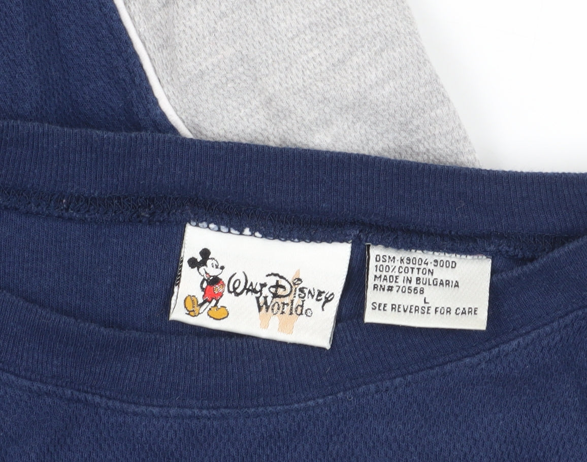 Disney Men’s Blue Grey Mickey T-Shirt L Logo Crew Neck