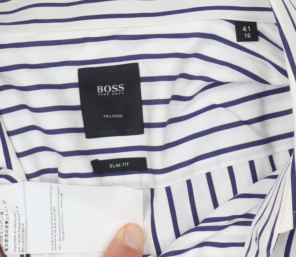 BOSS Men's White Striped Slim Fit Dress Shirt, M