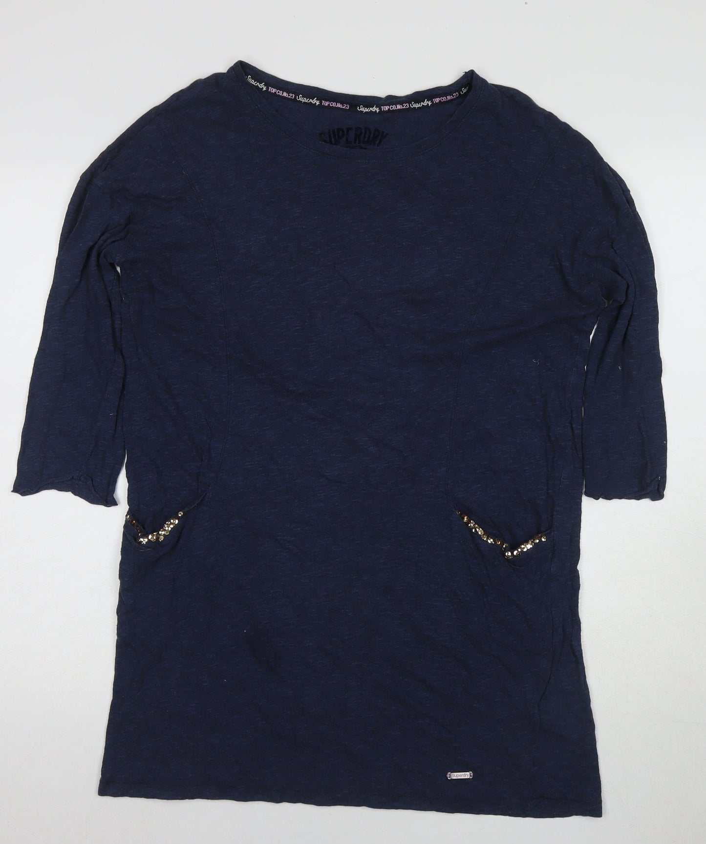 Superdry Women's Blue T-Shirt, S, 3/4 Sleeve, Sequin Accent