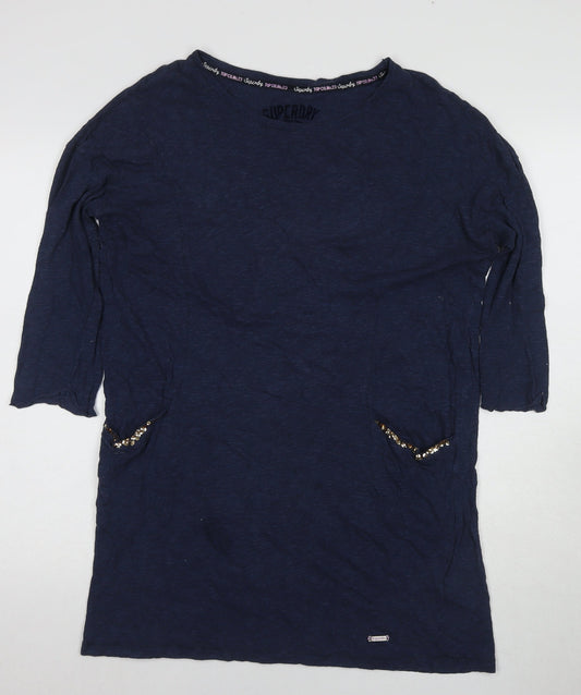 Superdry Women's Blue T-Shirt, S, 3/4 Sleeve, Sequin Accent