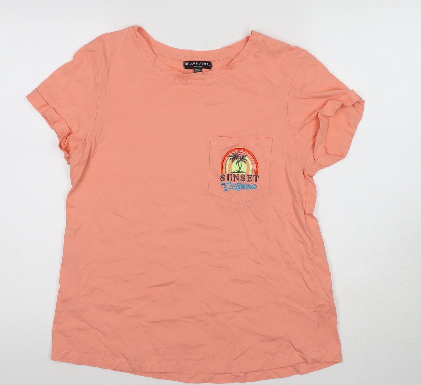 Brave Soul Women's Orange T-Shirt M Embroidered Short Sleeve