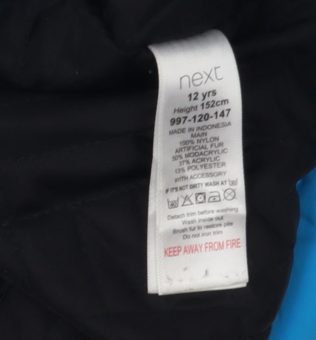 Close-up detail of Next boys’ blue long hooded parka 12 years