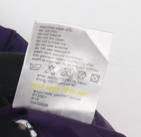 Brand and care label for Mountain Life girls’ purple puffer jacket 11-12 years