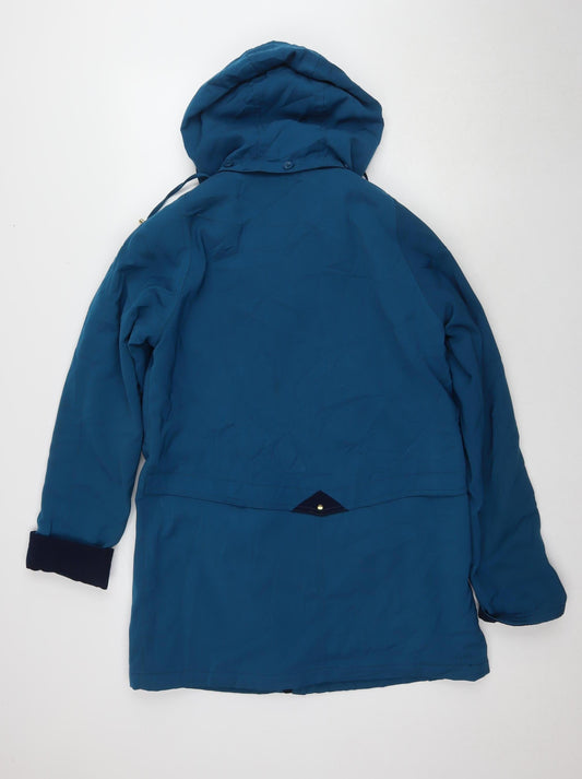 EWM Women's Blue Parka Jacket Size 12, Hooded, Button Accents