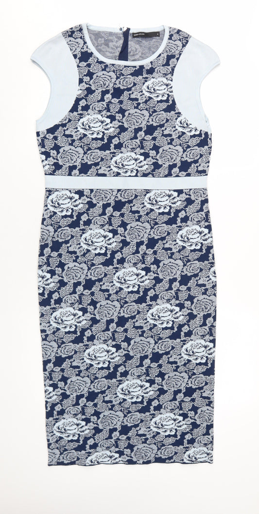 Karen Millen Women's Blue Floral Midi Sheath Dress Size 8