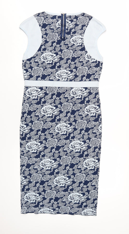Karen Millen Women's Blue Floral Midi Sheath Dress Size 8