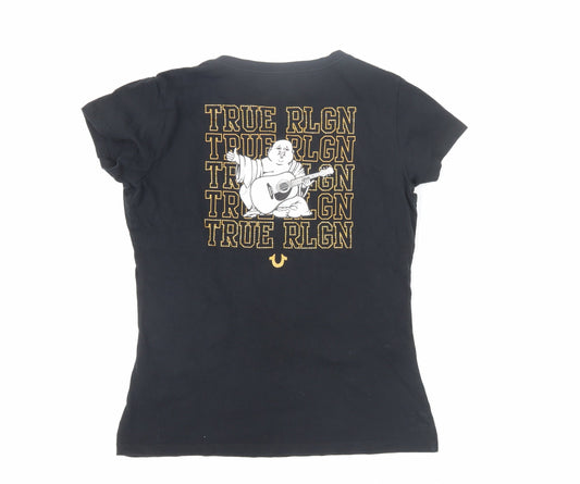 True Religion Women's Black T-Shirt M V-Neck Casual