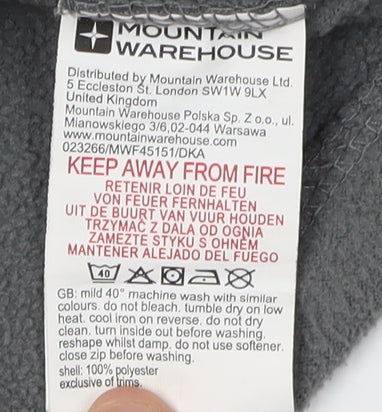 Brand and care label for Mountain Warehouse boys’ grey fleece jacket 11-12 years