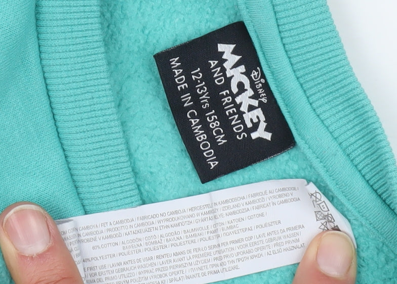 Close-up detail of Disney boys’ blue pullover sweatshirt 12-13 years mickey design