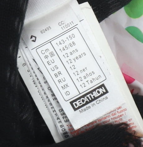 Brand and care label for Decathlon girls’ white puffer jacket, 12 years, hooded