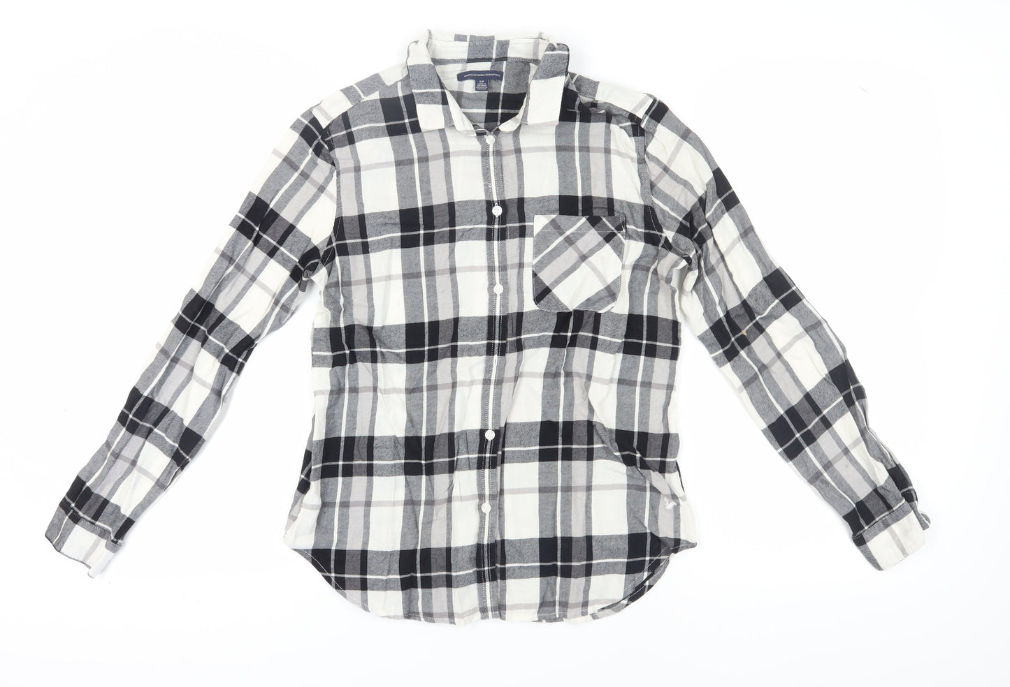 American Eagle Women's Black Plaid Button-Up Shirt S