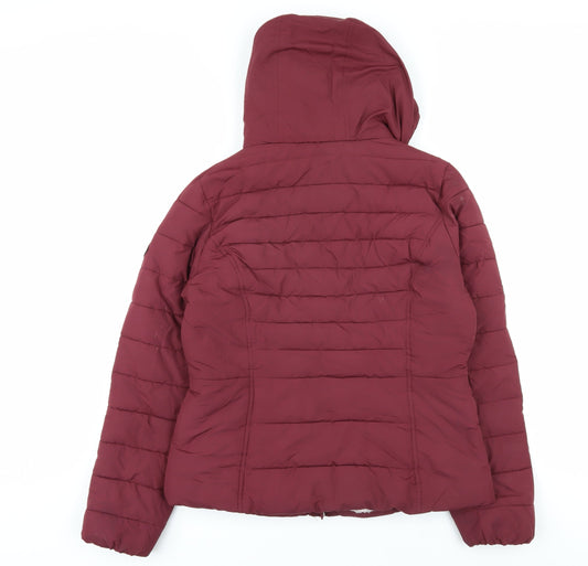 Hollister Women's Red Puffer Jacket L Hooded Lined