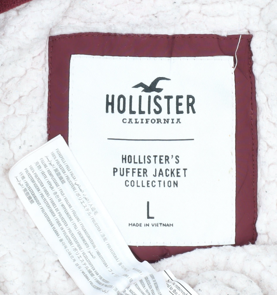 Hollister Women's Red Puffer Jacket L Hooded Lined
