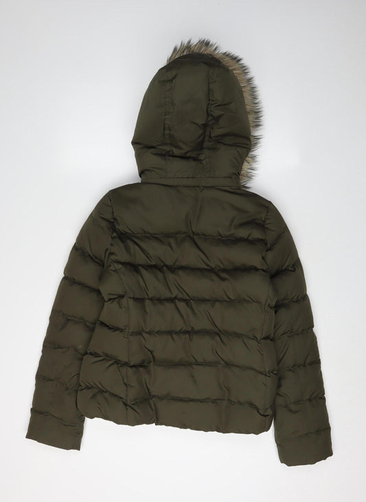 Gap Women's Green Puffer Jacket S - Winter Hooded Fur Trim