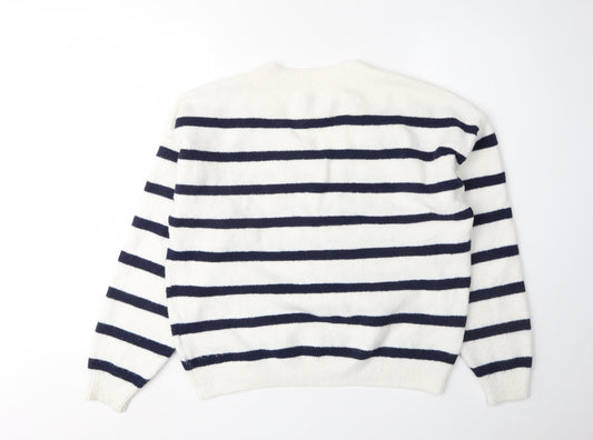 Hollister Women's White Striped V-Neck Jumper XS