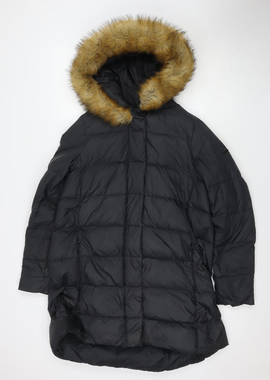 Armani Jeans Women's Black Fur Trim Hooded Puffer Coat Size 16