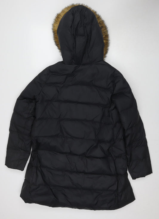 Armani Jeans Women's Black Fur Trim Hooded Puffer Coat Size 16