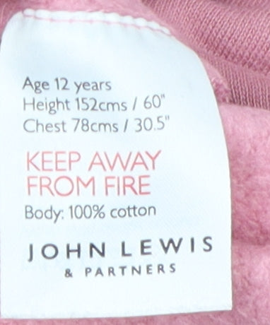 Close-up detail of John Lewis girls’ pink pullover sweatshirt, size 12, years