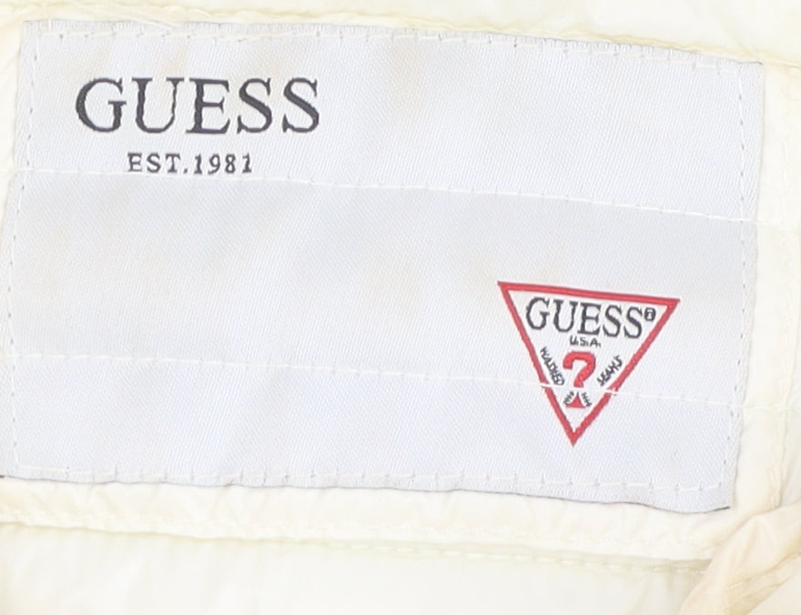 Brand and care label for Guess Women's Ivory Puffer Jacket XS, Full Zip Quilted