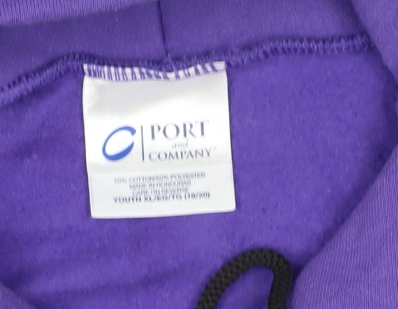 Close-up detail of Port and Company girls’ purple minnie mouse hoodie l