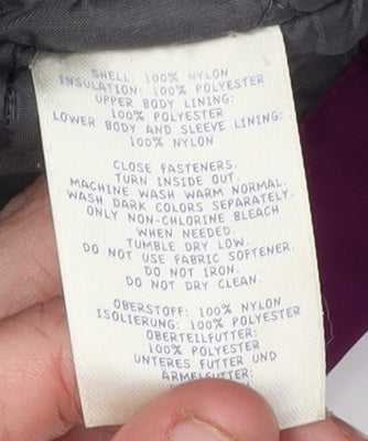 Brand and care label for Lands' End girls’ purple parka coat 4-5 years, hooded insulated