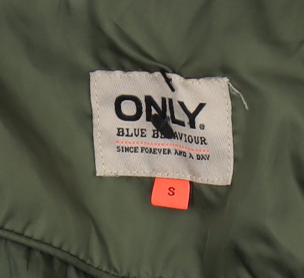Brand and care label for Only Women's Green Puffer Jacket, size S, Casual Style