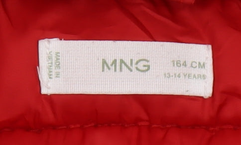 Brand and care label for Mango boys’ red hooded puffer jacket 13-14 years